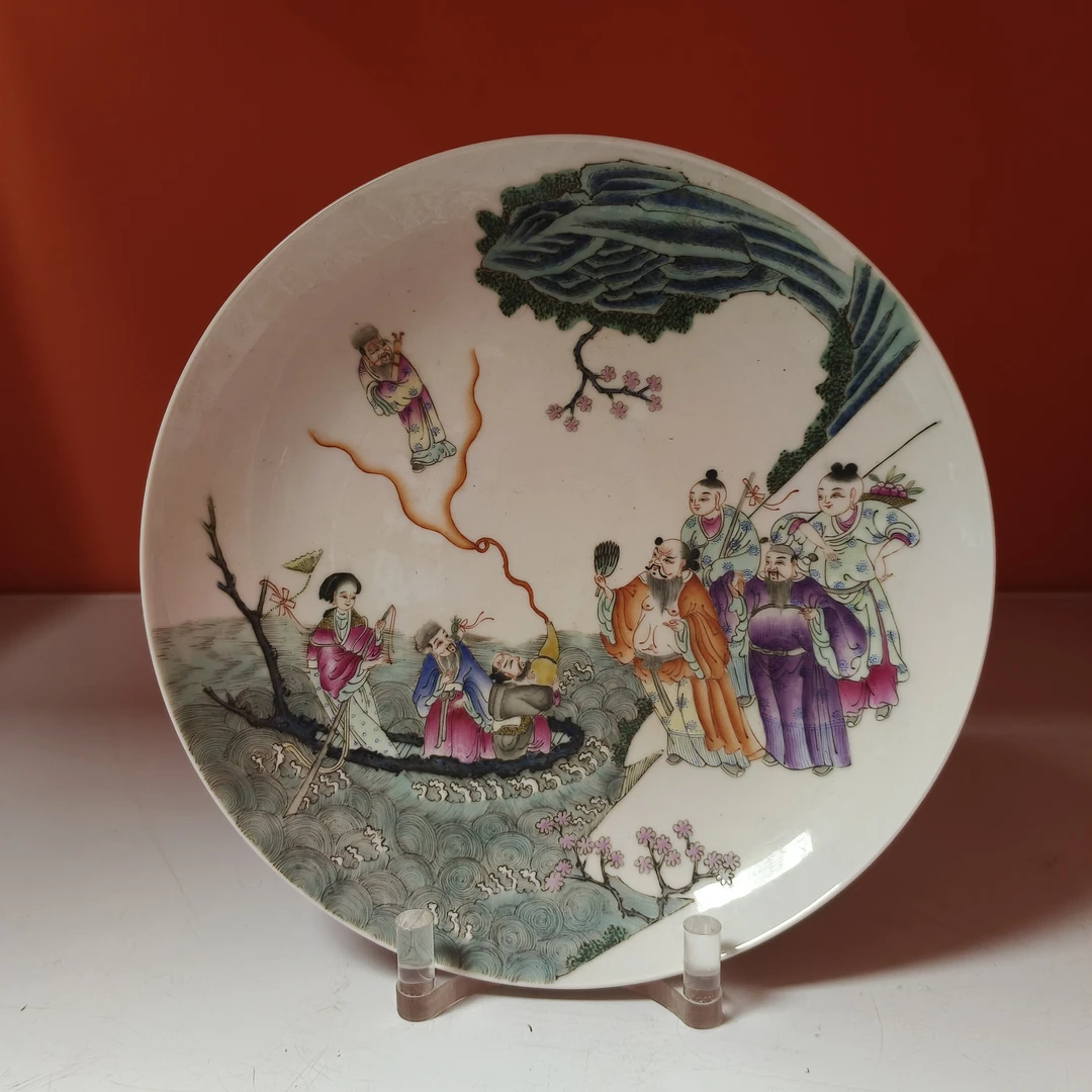 粉彩八仙过海图盘 古玩 古董陶瓷古典家居摆件藏品茶道具