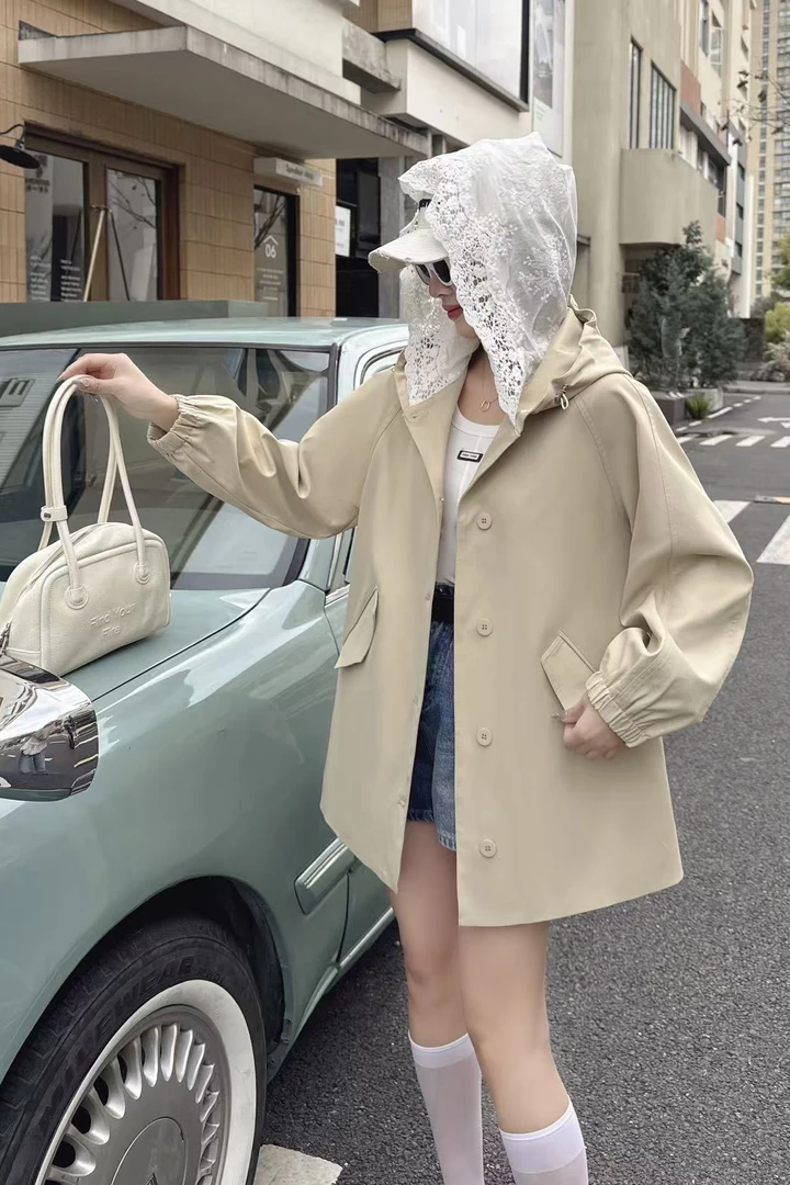 【钰姐精选】秋莎10-蕾丝连帽中款休闲风衣纯色气质时尚百搭宽松