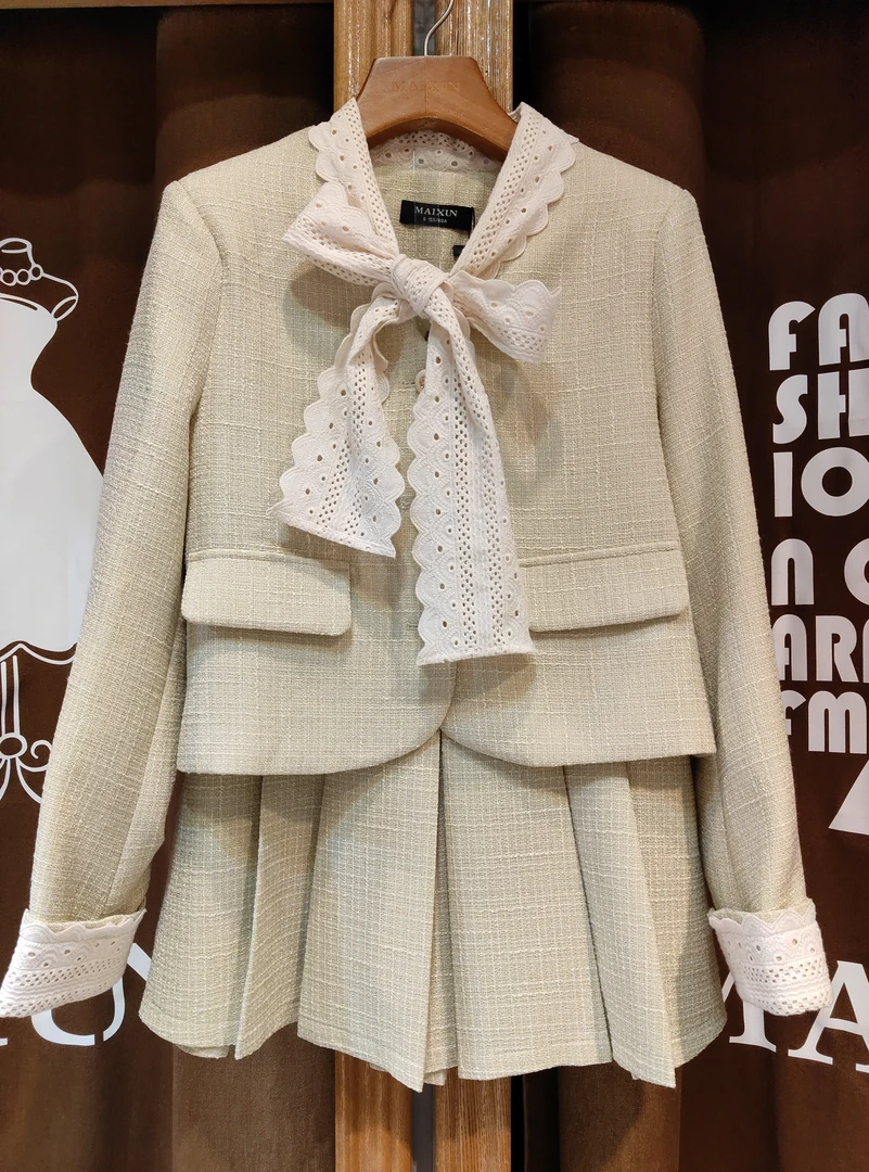 麦寻法式小香风蝴蝶结套装裙女春季时尚百褶裙两件套