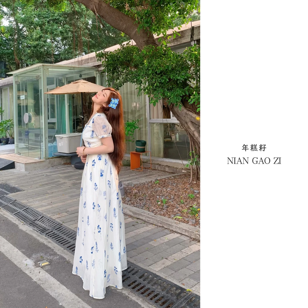 ZOZ年糕籽[夏日氛围]法式微胖女生连衣裙显瘦印花夏日感吊带裙子