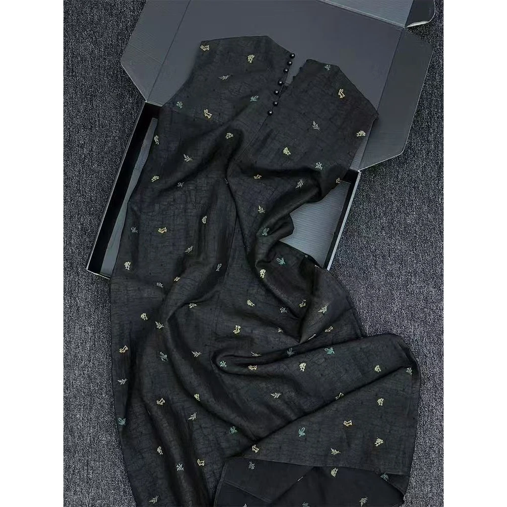 今年流行的漂亮裙子女夏季欧货小众气质高级感黑色印花无袖连衣裙