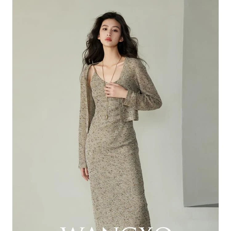 WANGXO|金银线网格复合针织底布|气质开衫外套&吊带连衣裙两件套