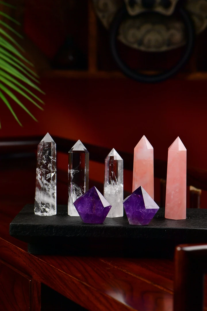 天然水晶白黄紫水晶六棱能量柱摆件手把消磁直播