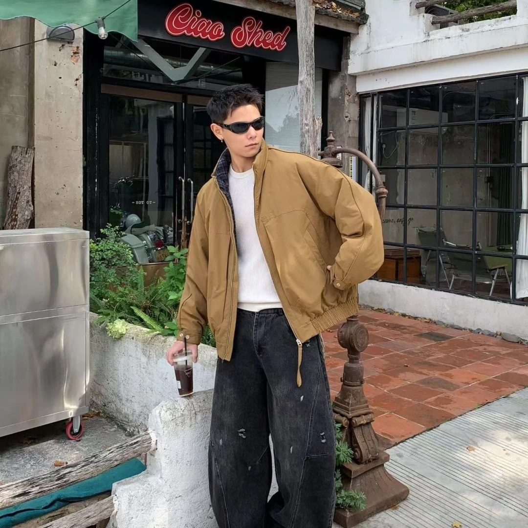 冬季男士立领羽绒服百搭潮流日系工装拼接格子时尚痞帅保暖羽绒衣