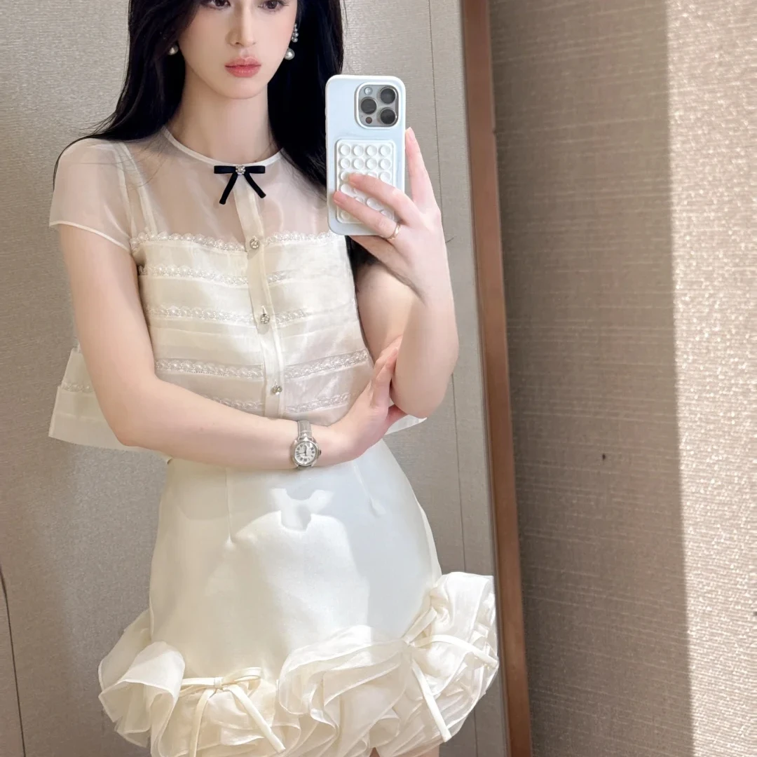 六六法式甜心浪漫米白色桑蚕丝层叠短袖衬衫2025夏季新款上衣