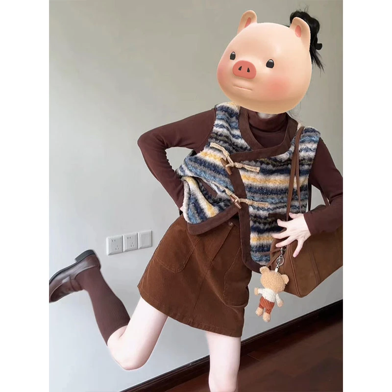 2025秋季新款韩系穿搭宽松条纹马甲背心半高领长袖上衣高腰半身裙