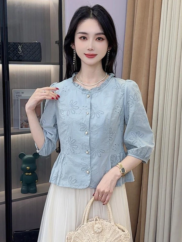 8703法式花边圆领衬衫女早秋款洋气减龄显瘦百搭上衣