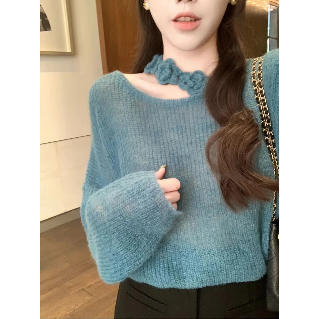 安安 挂脖立体小花针织毛衣