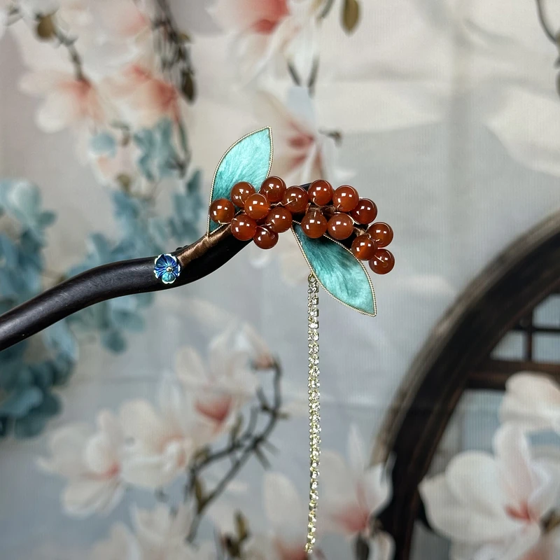 S028红石榴手工非遗绒花中式古风百搭日常檀木发簪