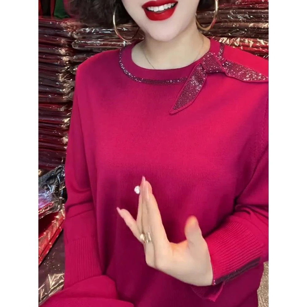 欧货重工烫钻玫红色圆领针织衫女2025早春新款减龄显瘦大码上衣潮