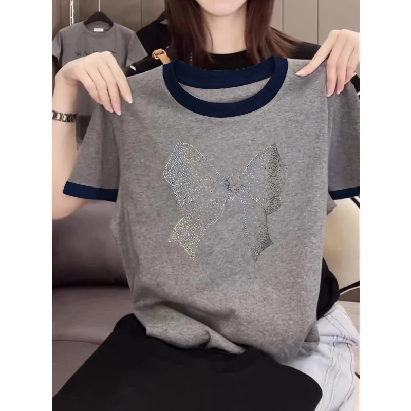 2025新款正肩纯棉短袖t恤女ins休闲百搭插色洋气撞色灰色上衣夏季