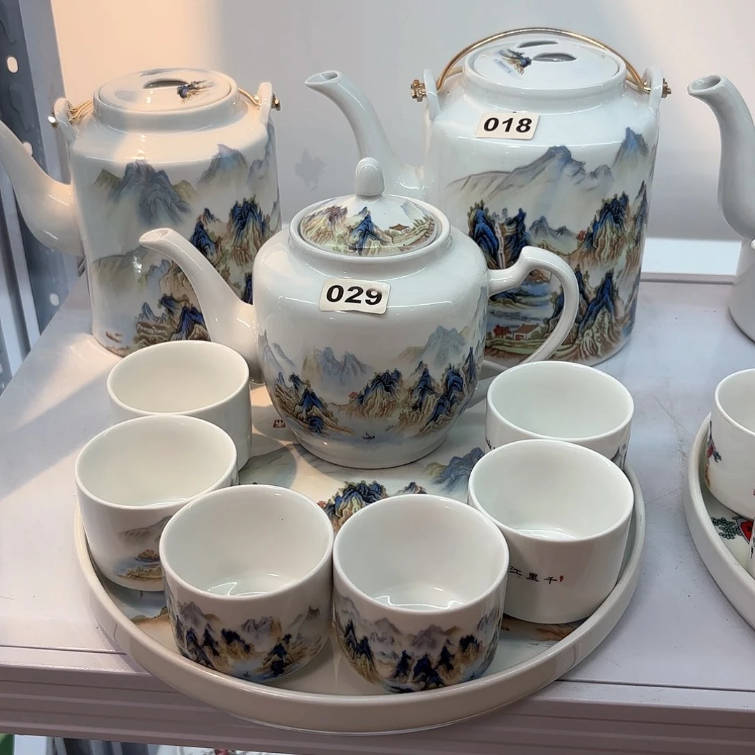 壶千里江山图侧把壶➕六个杯子➕茶盘