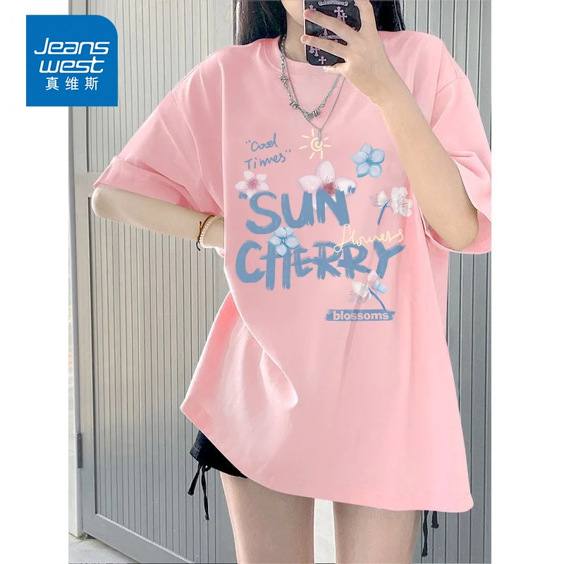 真维斯粉色宽松T恤大码女装韩版短袖显瘦带印花时尚百搭体恤衫女
