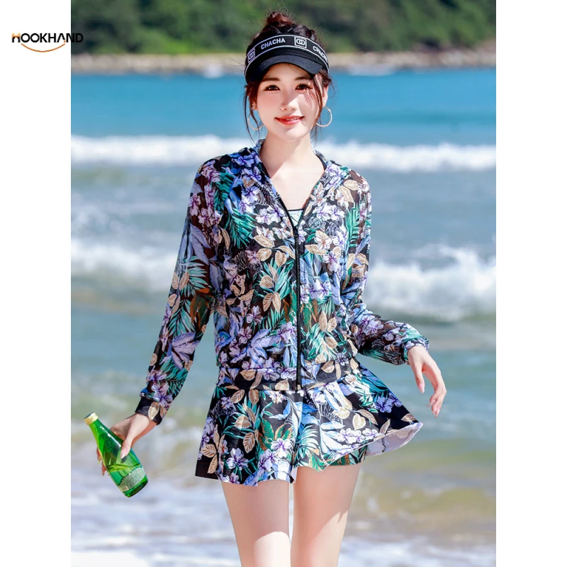 新款女泳衣长袖防晒三件套显瘦度假遮肉温泉分体式潮汐