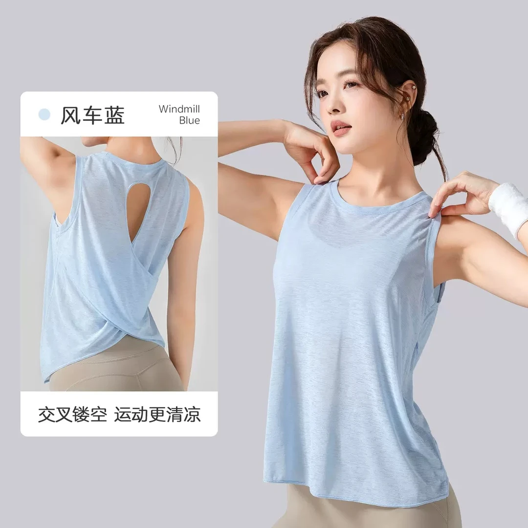 夏季竹节纱背心式瑜伽罩衫镂空美背运动上衣女瑜伽服圆领健身短袖