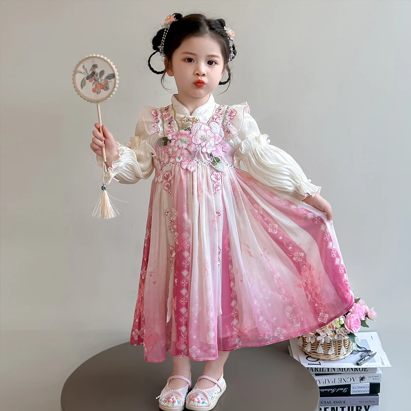 女童汉服连衣裙秋装2025新款女宝中秋国庆表演服幼儿园学生演出服