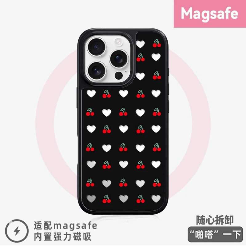 爱心樱桃适用于苹果16pro手机壳磁吸充电镜面壳华为vivo小米15套