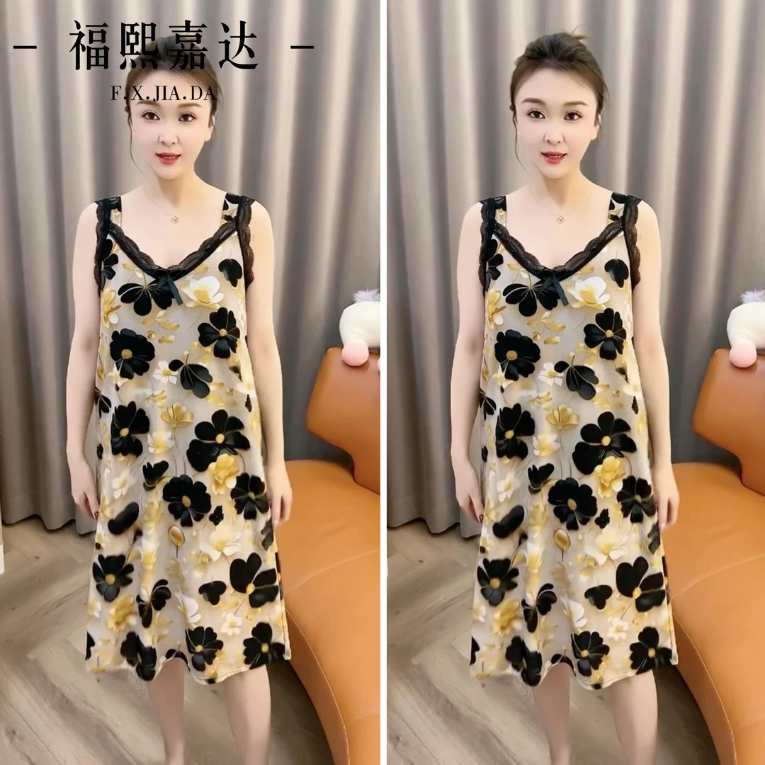 新款睡衣夏季薄款冰丝凉爽宽松时尚减龄吊带连衣裙可外出睡裙女