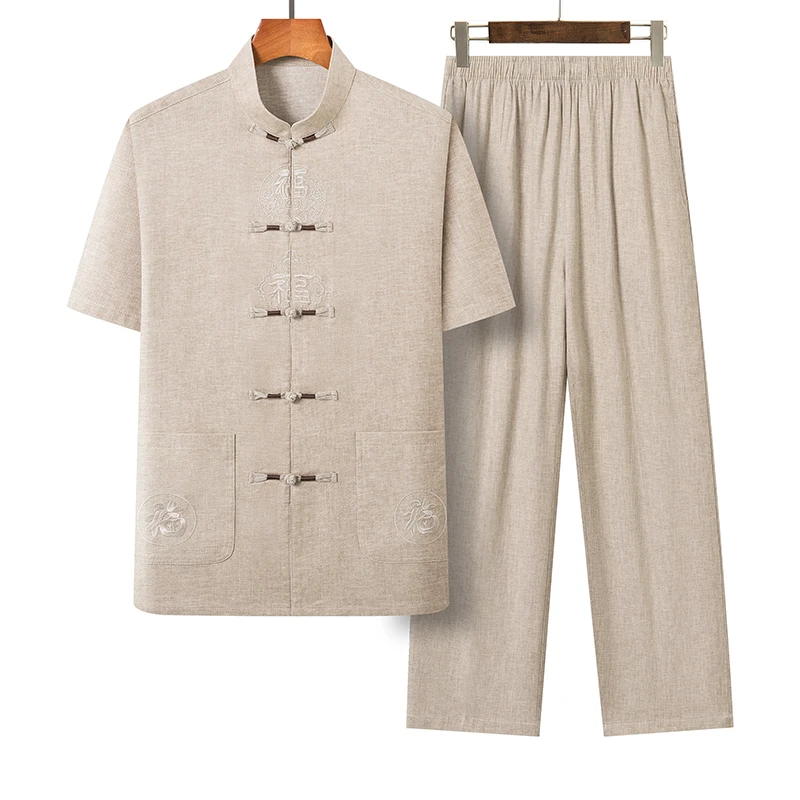 森兰鸟2024砂洗双福中式薄款休闲短袖中国风中老年唐装爸爸装套装