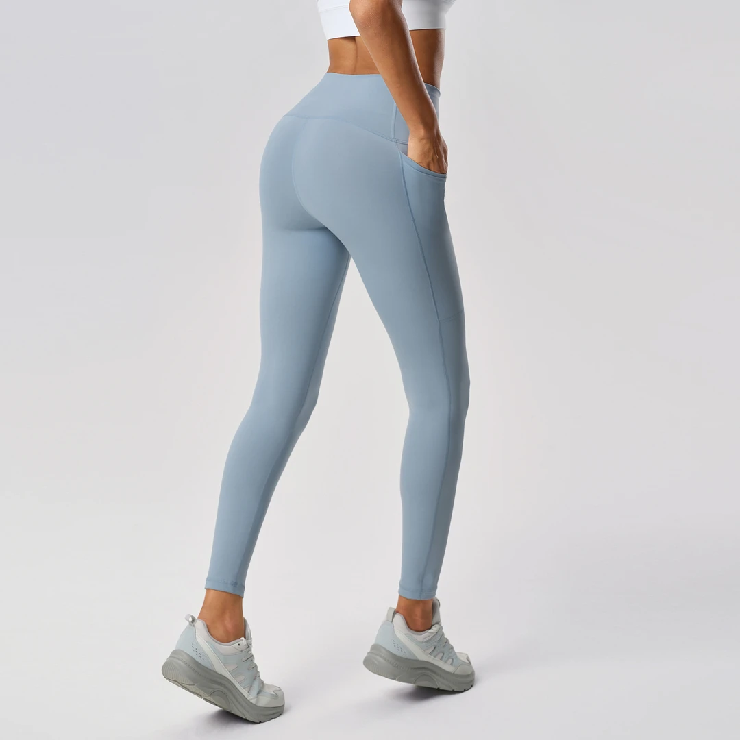 裸感瑜伽九分裤高腰提臀带口袋紧身运动裤弹力收腹健身裤女D25036