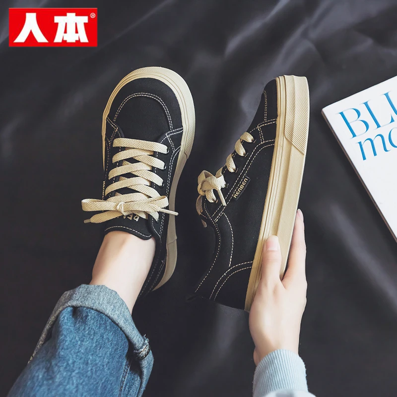 人本帆布鞋女2025秋季新款爆款厚底透气休闲黑色板鞋上班工作鞋子