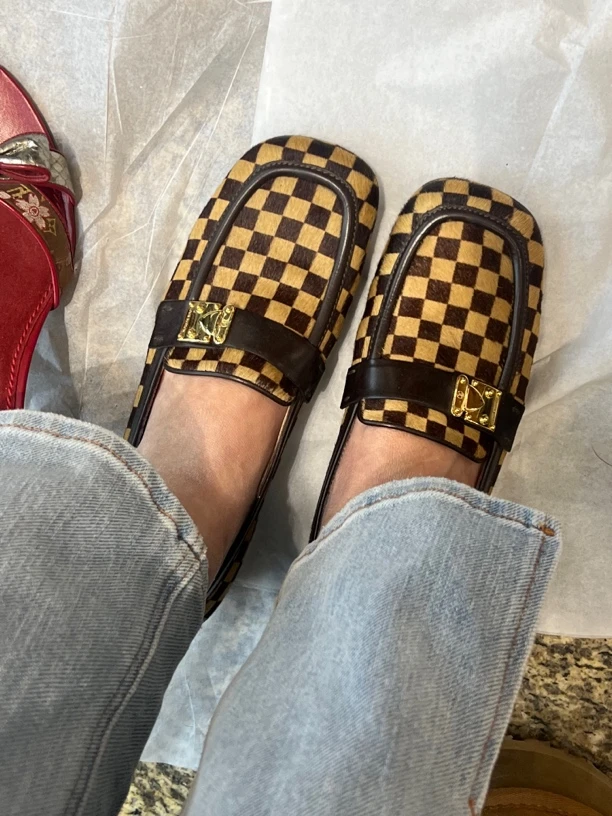 95新 Chanel/香奈儿 lv马毛棋盘格乐福鞋36码