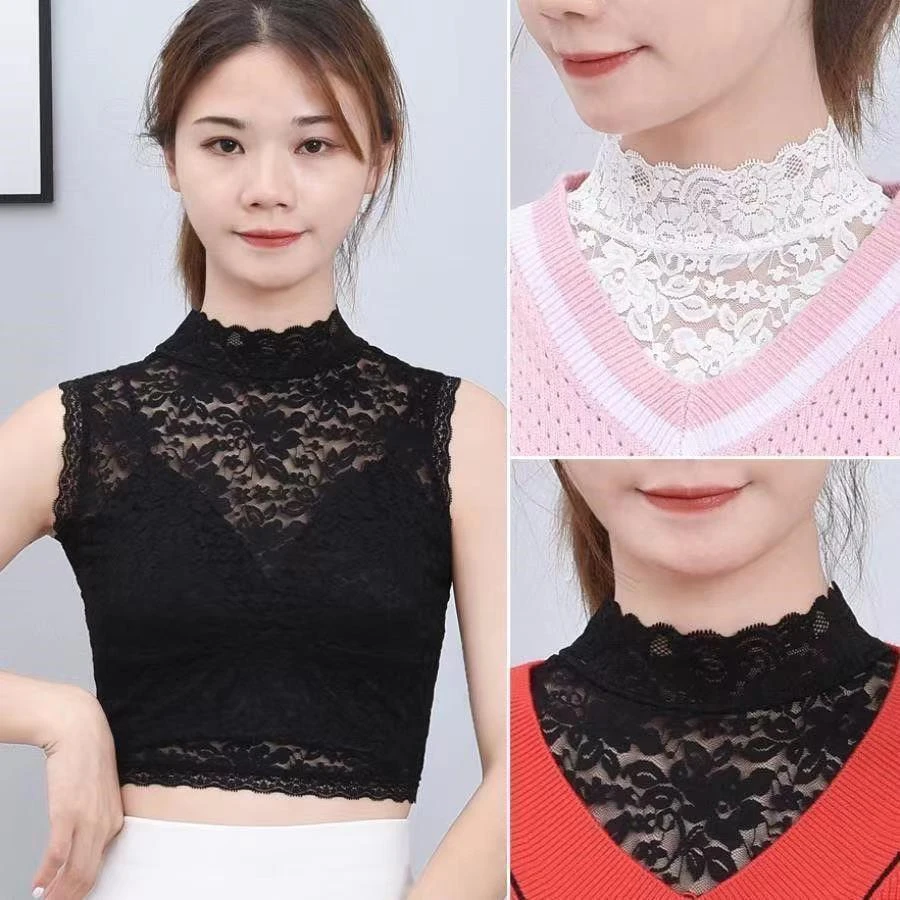 女式围脖假领子韩版洋气半高领蕾丝打底防走光百搭衣领黑色脖套款