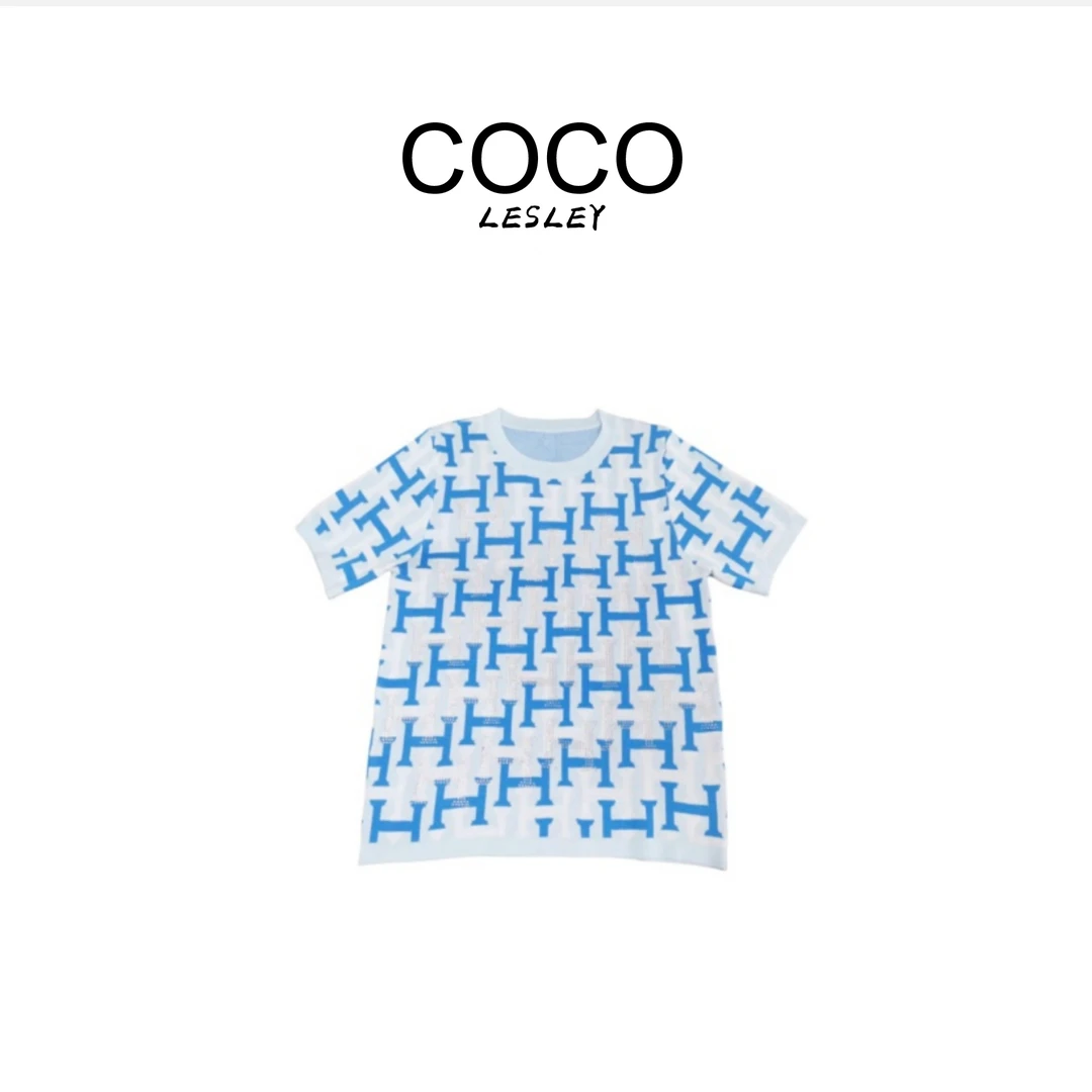 【COCO LESLEY】纯色小马刺绣针织通勤短袖刺绣圆领针织衫女X214