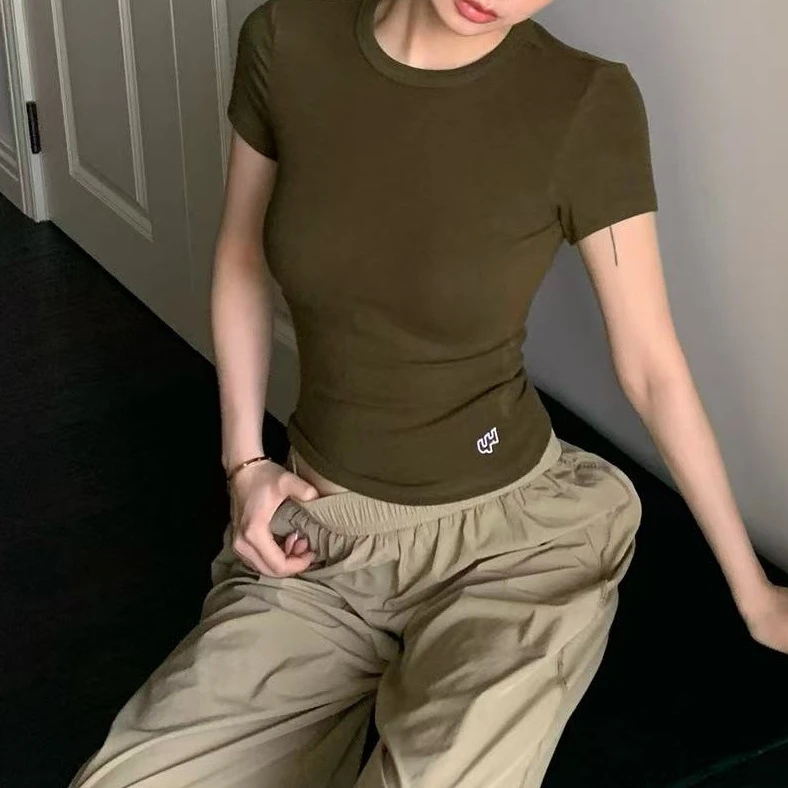 T恤休闲2025显瘦圆领刺绣紧身时尚针织爆款正上衣夏季女女肩短袖