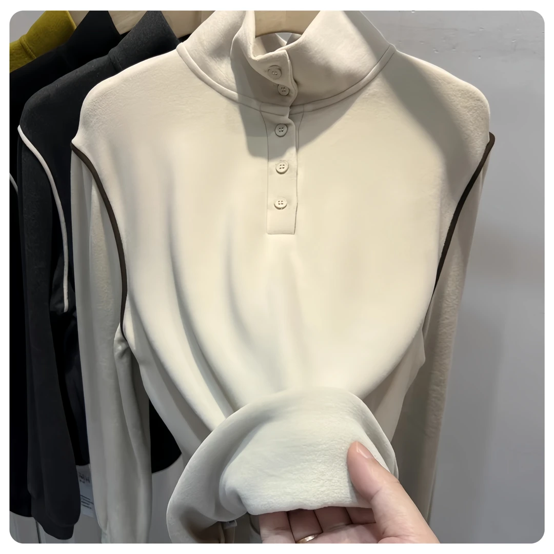 保暖打底衫上衣女2025春秋新款半高领纽扣拼接气质百搭时尚上衣女