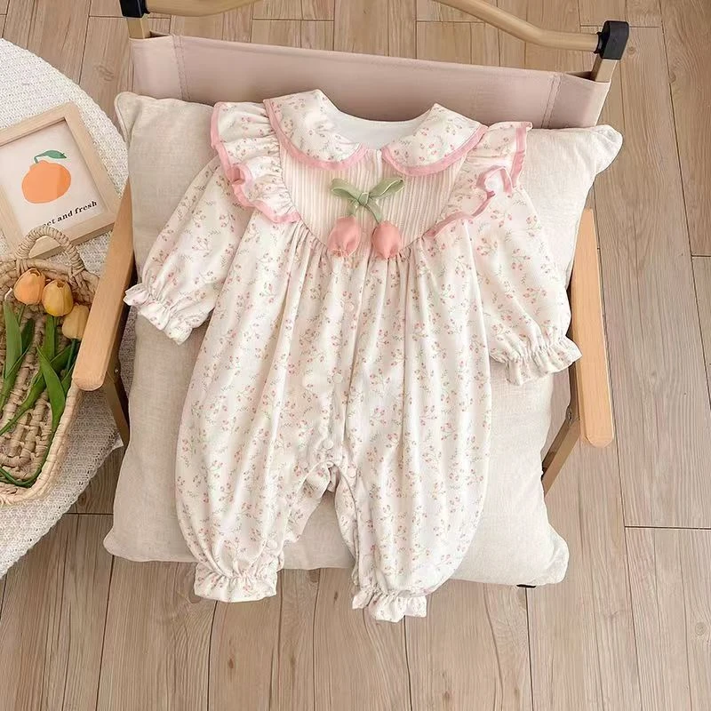 婴幼儿春秋长袖郁金香花边领女宝双层连体衣婴儿宝宝