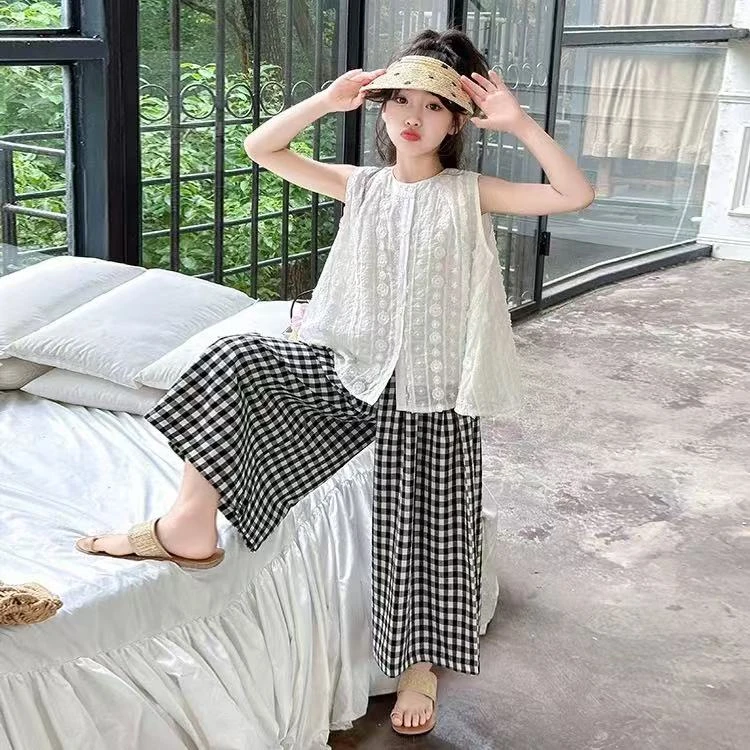 【丫丫童装】2025春季新款女大童格子裤套装韩版休闲-A452