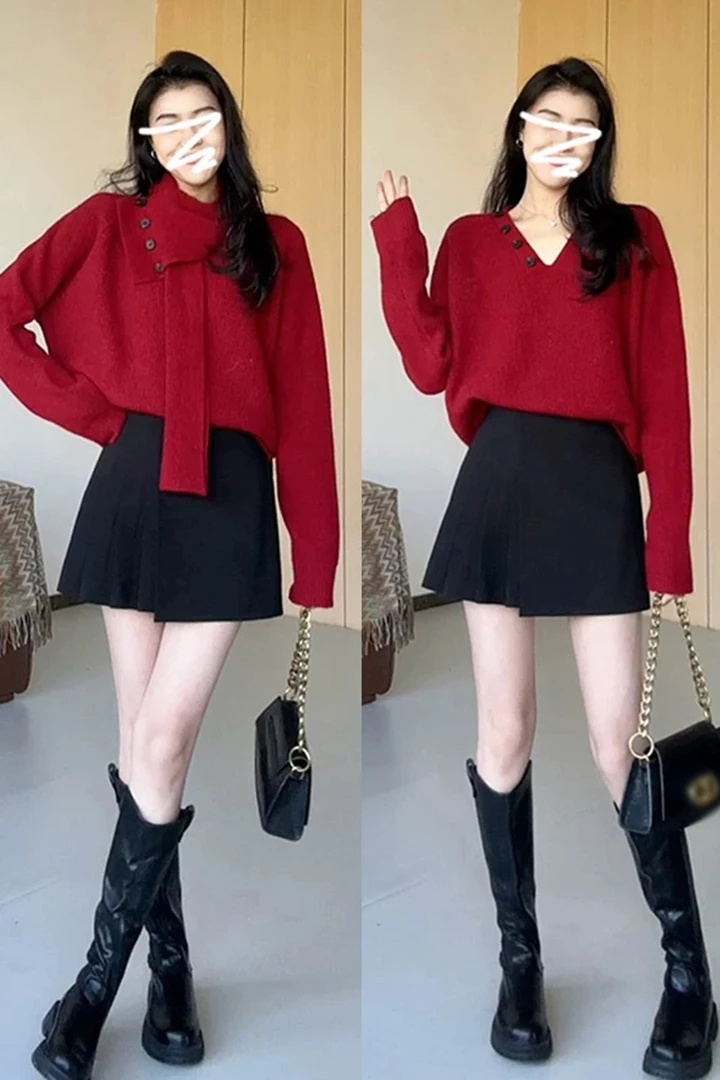 大码秋冬改良正肩显瘦新年红色V领长袖毛衣内搭可拆卸围巾女8081