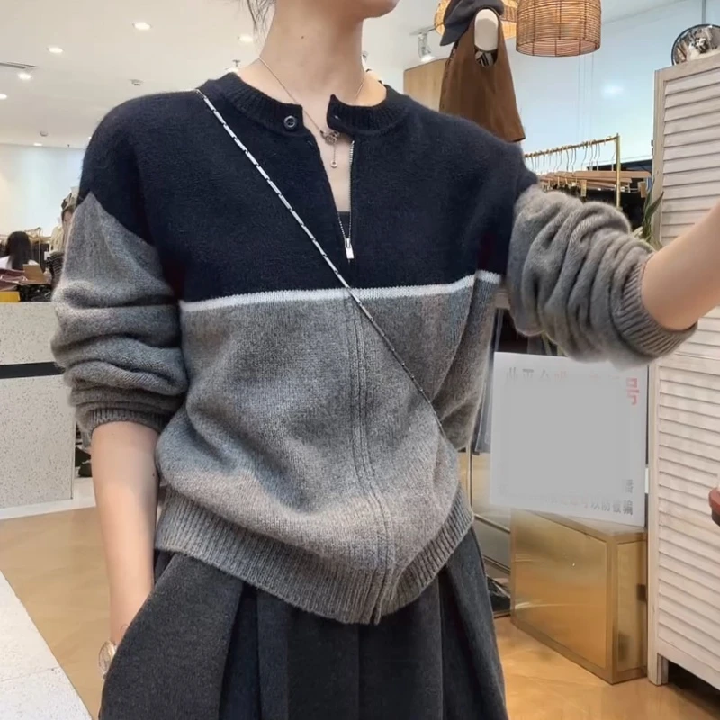 2025新款秋季百搭圆领撞色长袖毛衣针织外套LK2507002
