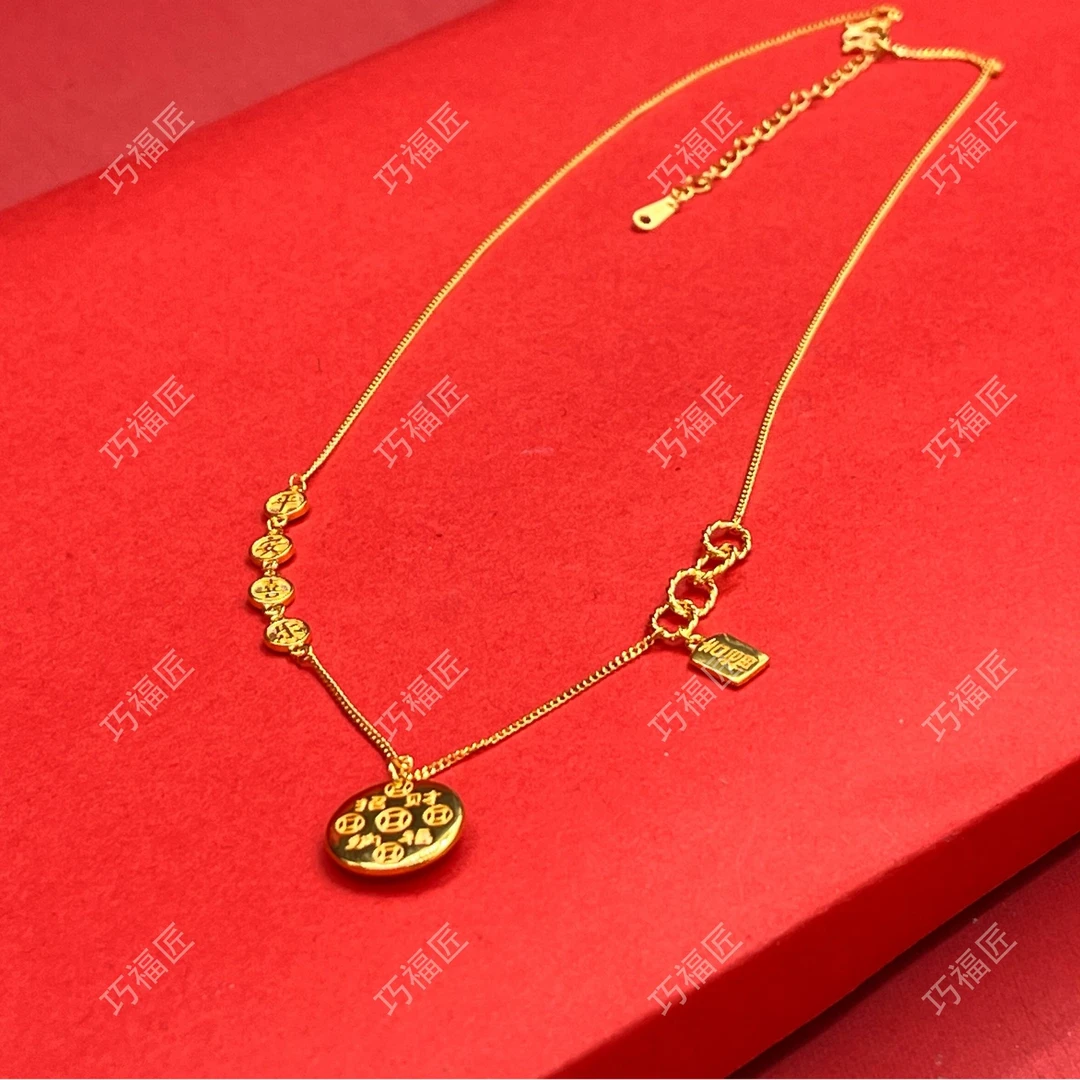 坠链均足银 平安喜乐黄财神套链 轻奢时尚百搭坠链气质小众精致