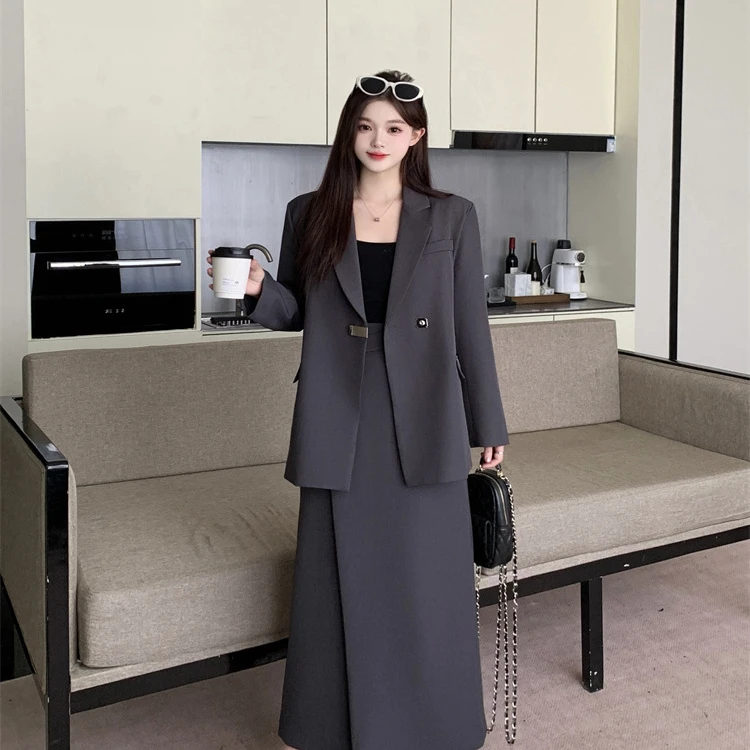 微胖高级感西装套装女气质休闲长袖外套开叉半身裙两件套秋季女装