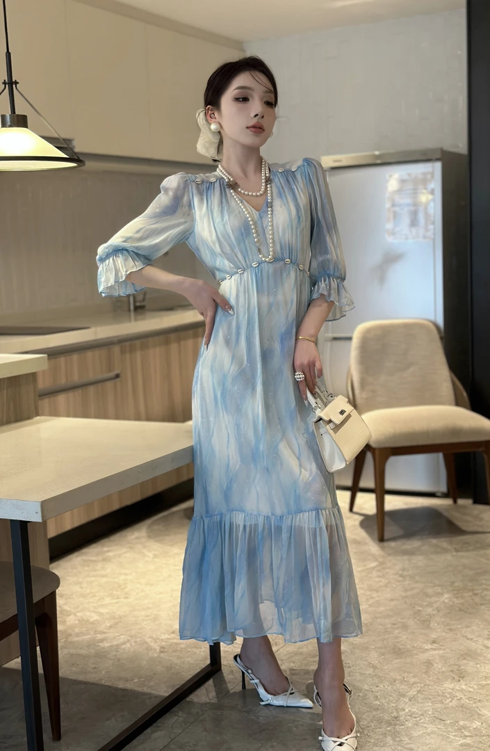 【25264】真丝连衣裙女夏季2025桑蚕丝新款印花显瘦长裙