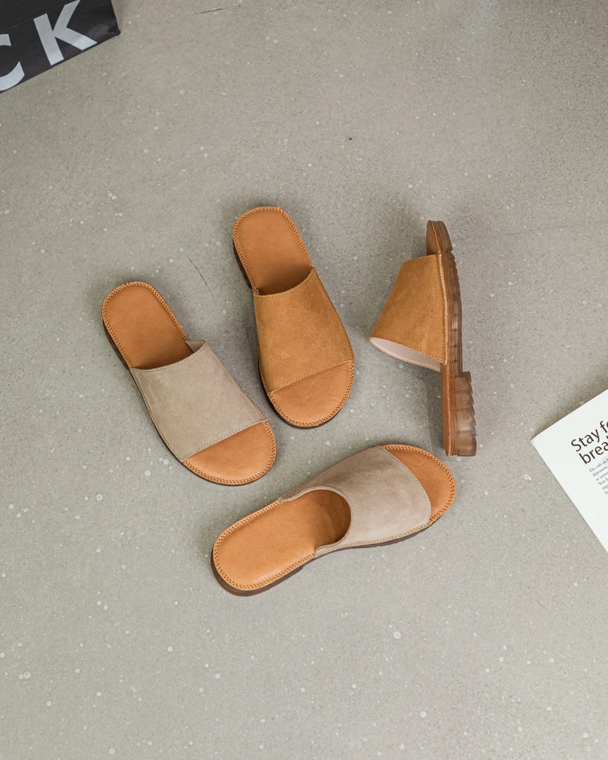 夏季新款真皮磨砂牛皮露趾一字软底户外外穿凉拖网红女鞋4318平底