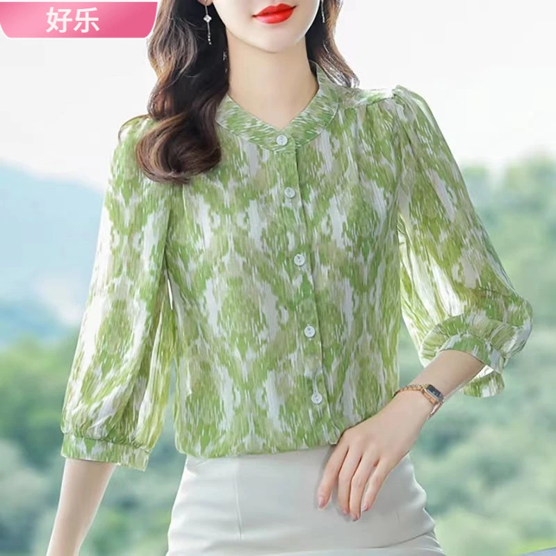 1碎花衬衣女七分袖2025夏季新款宽松显瘦衬衫遮肚上衣小衫大码l