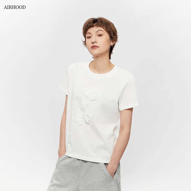 AIRHOOD 夏季圆领时尚波浪双边蕾丝手摇花简约休闲T恤女上衣N5226