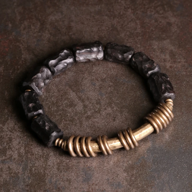 原创设计黑檀木串珠混搭黄铜环手链男潮 复古个性手串女情侣饰品