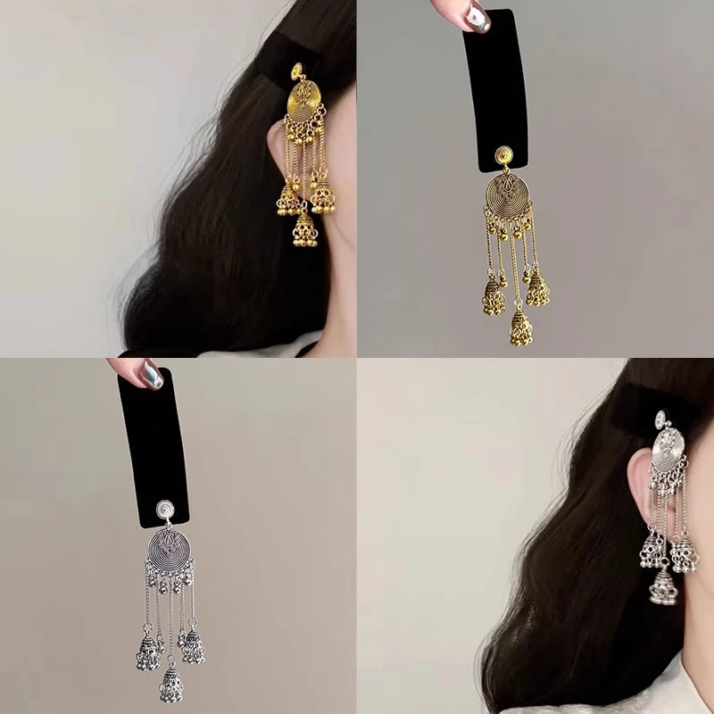 黑色丝绒高级感复古做旧金属流苏发夹小众民族风夸张刘海BB夹发卡