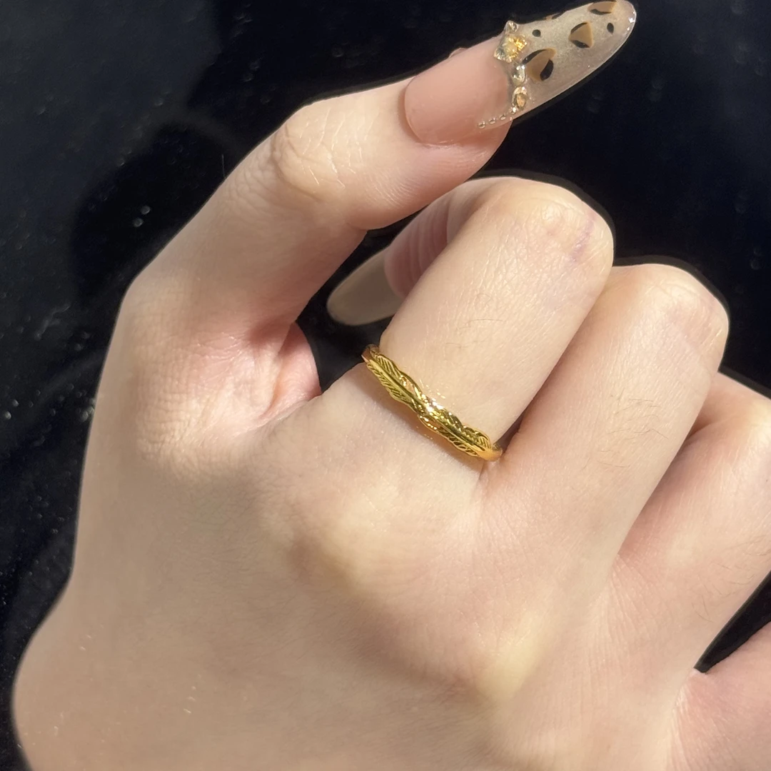铜合金戒指 金黄羽毛戒指女素圈戒指简约金色
