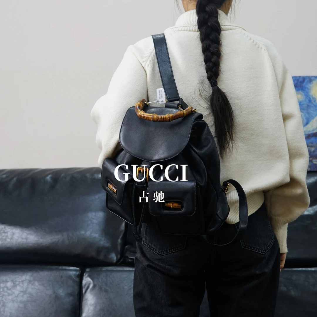 95新 GUCCI/古驰 黑色竹节双肩包/DX01722016/2016