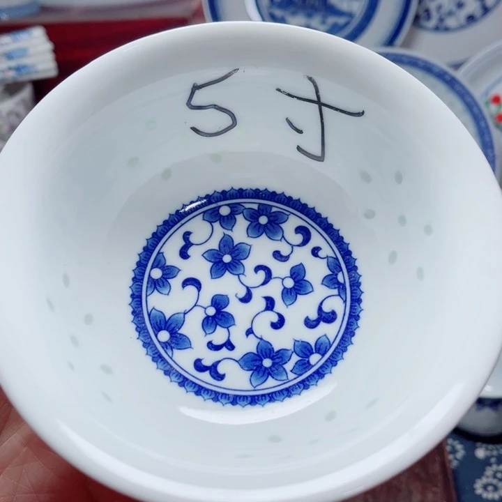 青花玲珑5寸饭碗紫荆花
