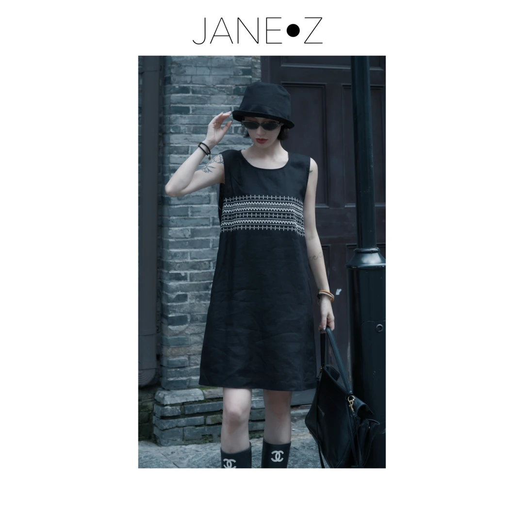 【絮语】100%亚麻复古无袖显瘦背心几何花纹连衣裙JZYCX020