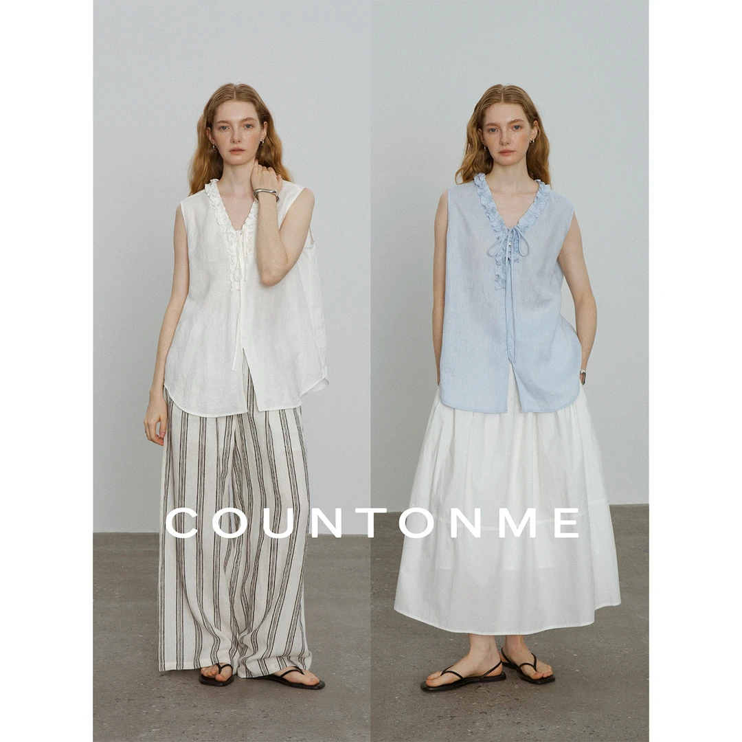 COUNTONME 100天然亚麻手工木耳边V领绑带短袖坎肩无袖衬衫