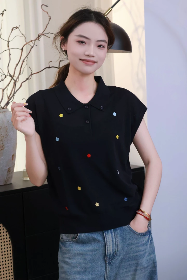 YIANYAN【花花】短袖宽松型翻领ins刺绣女士上衣