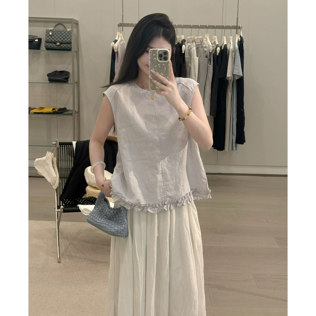 韩系圆领无袖衬衫女2025夏季新款设计感下摆花边宽松百搭上衣