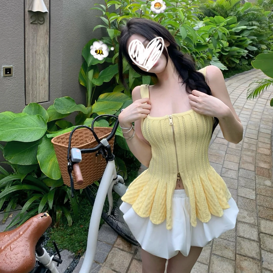气质休闲芭蕾风大U领褶皱裙边双拉链设计感针织吊带上衣女夏背心